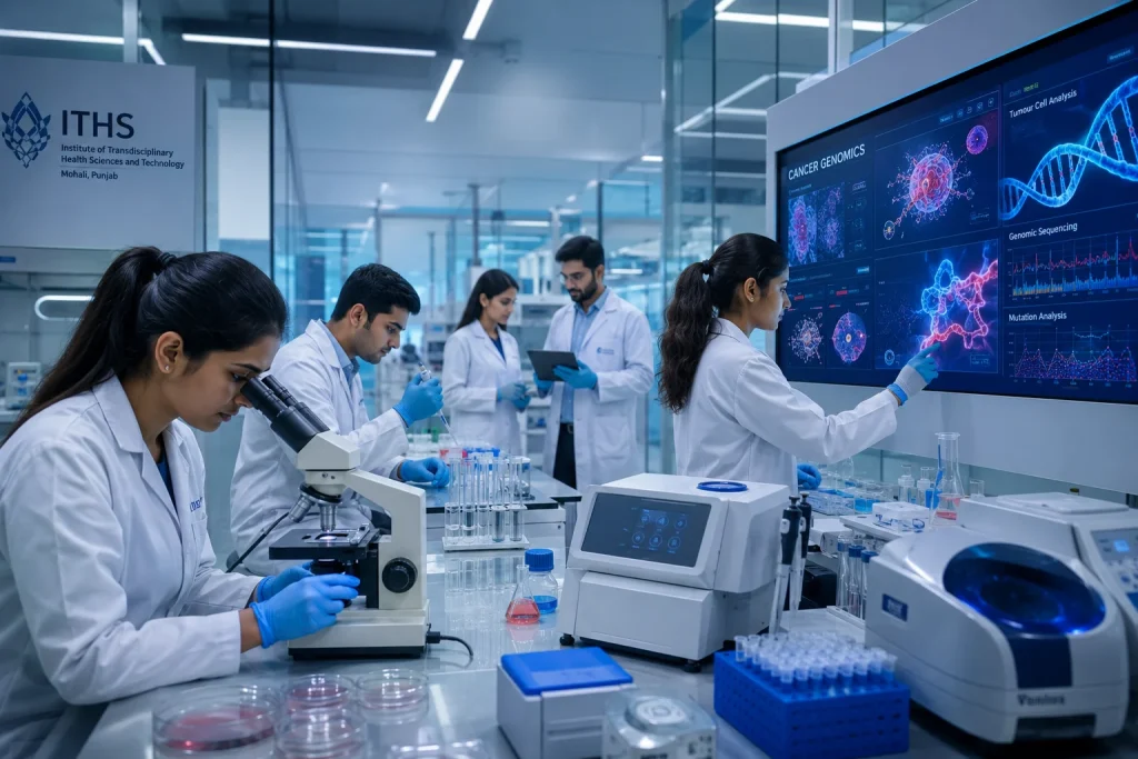 Students performing molecular oncology and cancer genomics research in advanced laboratory at one of the leading BSc Cancer Biology colleges in India – ITHS Chandigarh