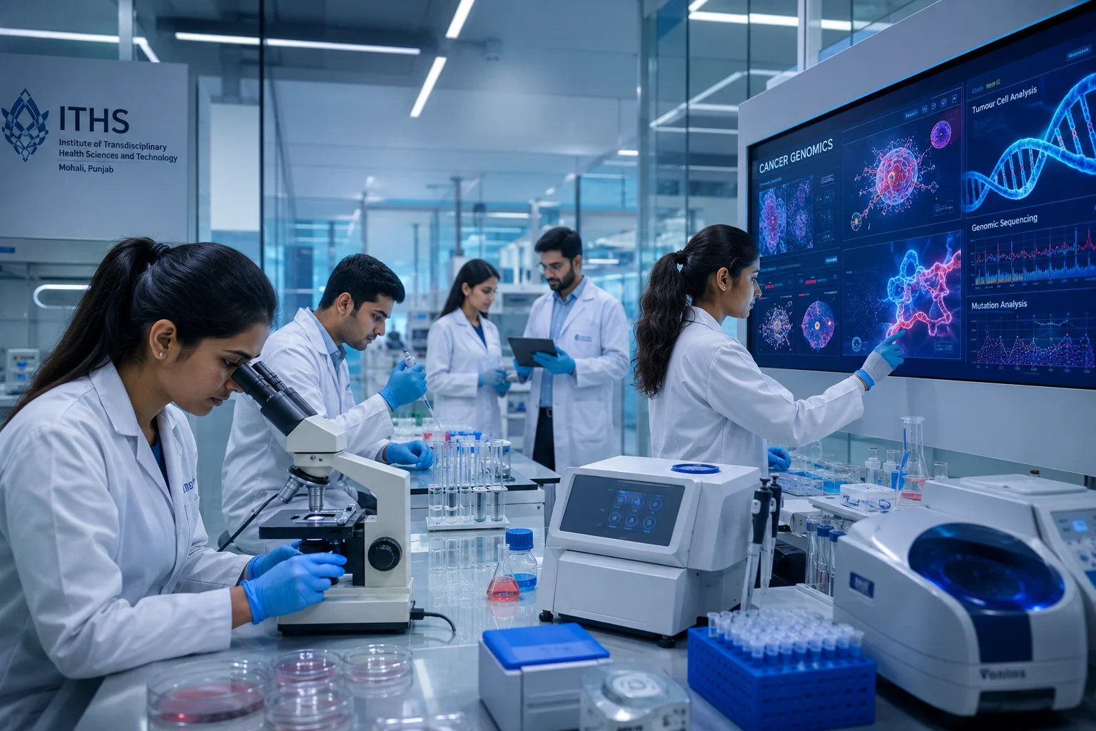 Students performing molecular oncology and cancer genomics research in advanced laboratory at one of the leading BSc Cancer Biology colleges in India – ITHS Chandigarh